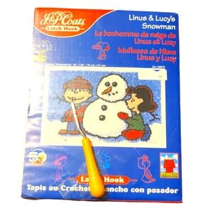 NEW SEALED J&P Coats PEANUTS LINUS & LUCY'S SNOWMAN LATCH HOOK KIT  20x30 & Hook